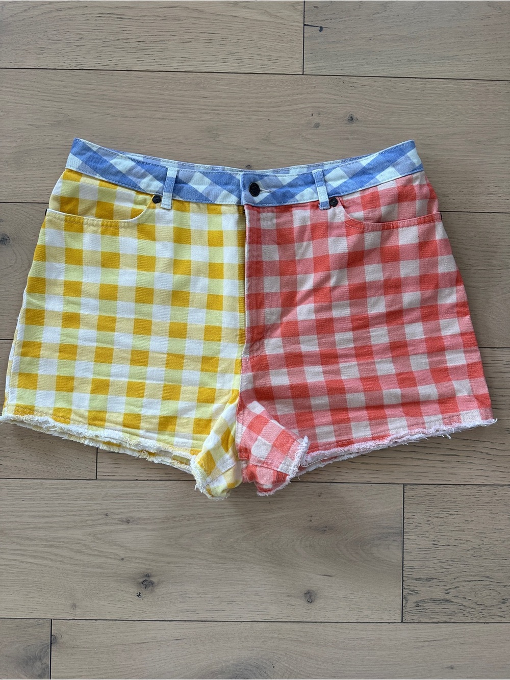 FARM Rio Yellow & Coral Gingham High-Rise Jean Shorts with Blue Waistband